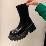 Patent Leather Chunky Platform Long Boots Women  Autumn Punk Thick Heels Shoes Woman Zipper Black Motorcycle Botas De Mujer