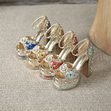 goosudu Luxury Gold Metallic Women Sandals Studded Square Heels Female Shoes Platform Flower Crystal Sexy Peep Toe Summer Ladies Pumps