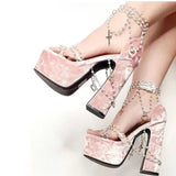 Fairy Girl's Pearl Beaded Platform Chunky Sandals Beading Necklace Chains Velvet High Heels Crystal Tassel One Line Lolita Shoes