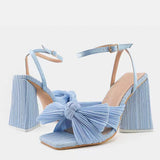 Size 44 45 46 Fashion Pleated Butterfly-Knot Womens Sandals Gladiator Peep Toe Buckle Strap Triangle High Heels Dress Shoe