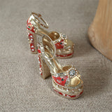 goosudu Luxury Gold Metallic Women Sandals Studded Square Heels Female Shoes Platform Flower Crystal Sexy Peep Toe Summer Ladies Pumps