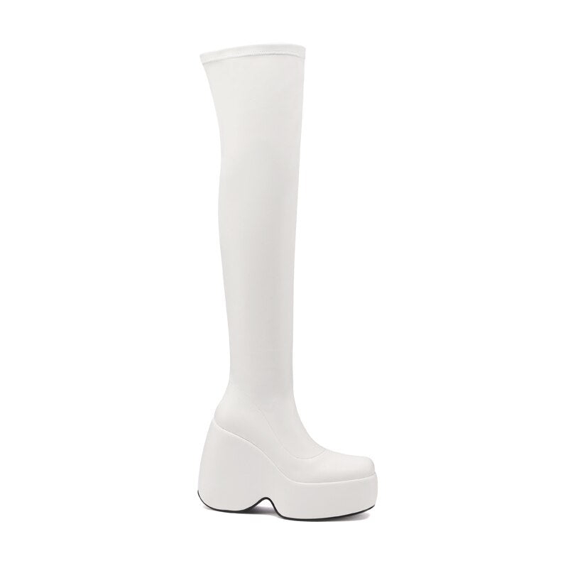 Spring autumn Women Over The Knee High Boots Pointed Toe wedges Heels slip on platform white Thigh High Boots