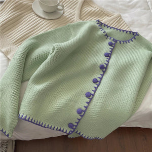 Women Vintage Solid Color Knitting Long Sleeve Round Neck Cardigans Winter Fashion Casual Single Breasted Green Sweater