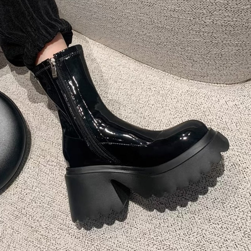 Patent Leather Chunky Platform Long Boots Women  Autumn Punk Thick Heels Shoes Woman Zipper Black Motorcycle Botas De Mujer