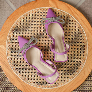 goosudu Summer Ladies Elegant Slingback Shoes Fashion Crystal Bow-knot Women Sandal Thin High Heel Pointed Toe Mules Pumps