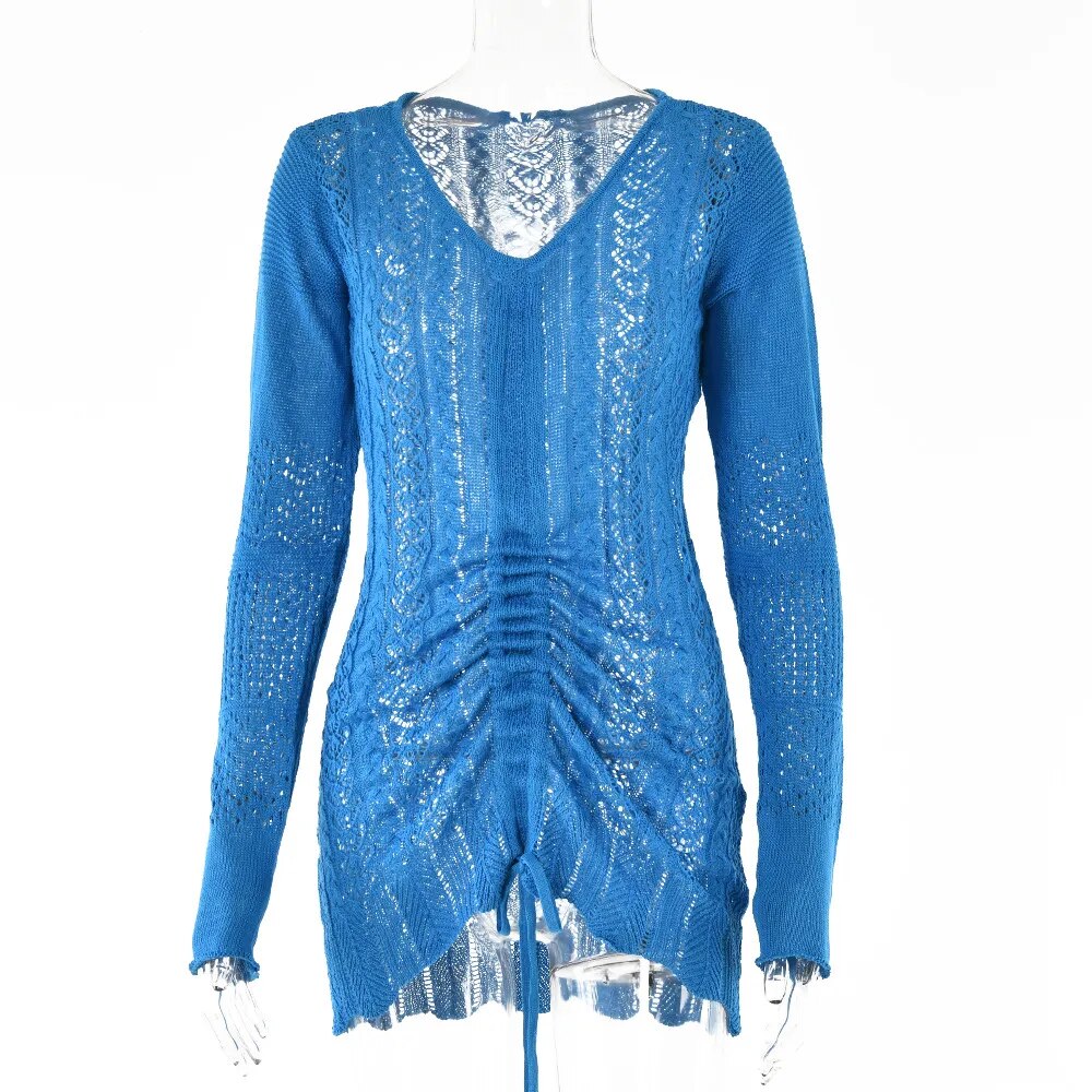 Women Deep V-neck Hollow Out Sexy Knitted Dresses Solid Long Sleeve Drawstring Mini dress Fashion Casual Spring Streetwear