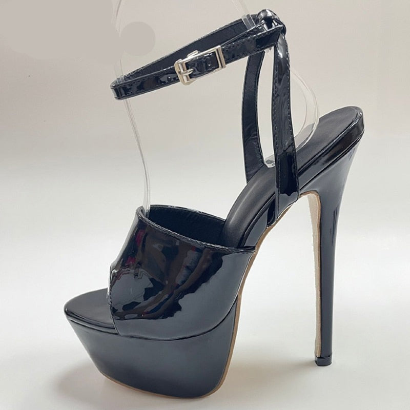 goosudu Summer 16 CM Super High Heels Sandals Women Platform Pumps Fashion Open Toe Buckle Strap Ladies Party Stripper Shoes Black