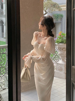 goosudu Vintage Women Fashion Elegant Puff Sleeve Midi Corset Maxi Dresses Evening Prom Female Party Lady Clothes Vestdios Summer