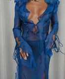 goosudu Long Sleeve Blue Maxi Summer Beach Dress Ruffle Bandage Mesh Club Party Sexy Dresses Women Outfit See Though Y2K 90’S