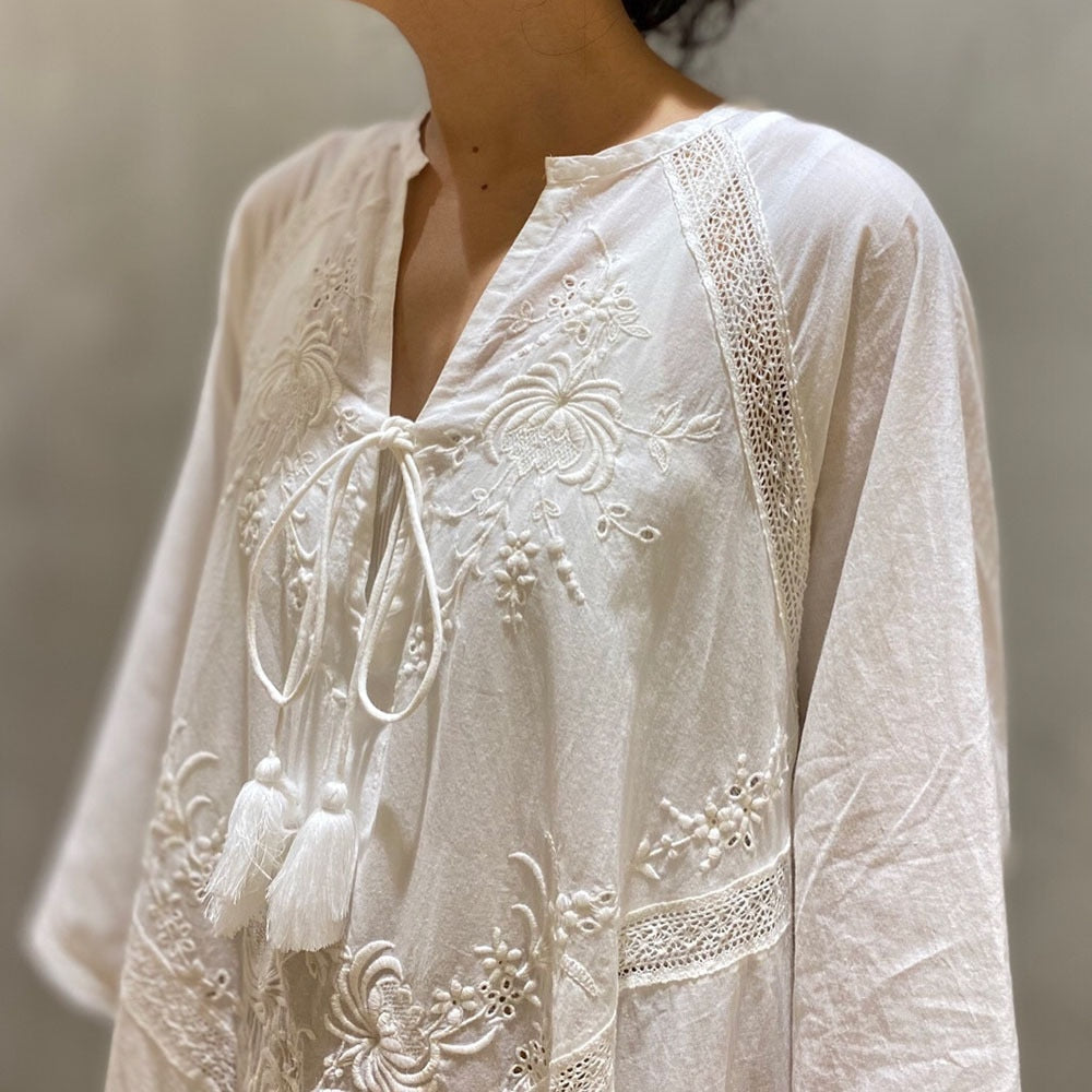 Loose Embroidery White Lace V-Neck Long Beach Dress Summer Boho Women Maxi Dress Elegant Dress Holiday Women Clothing