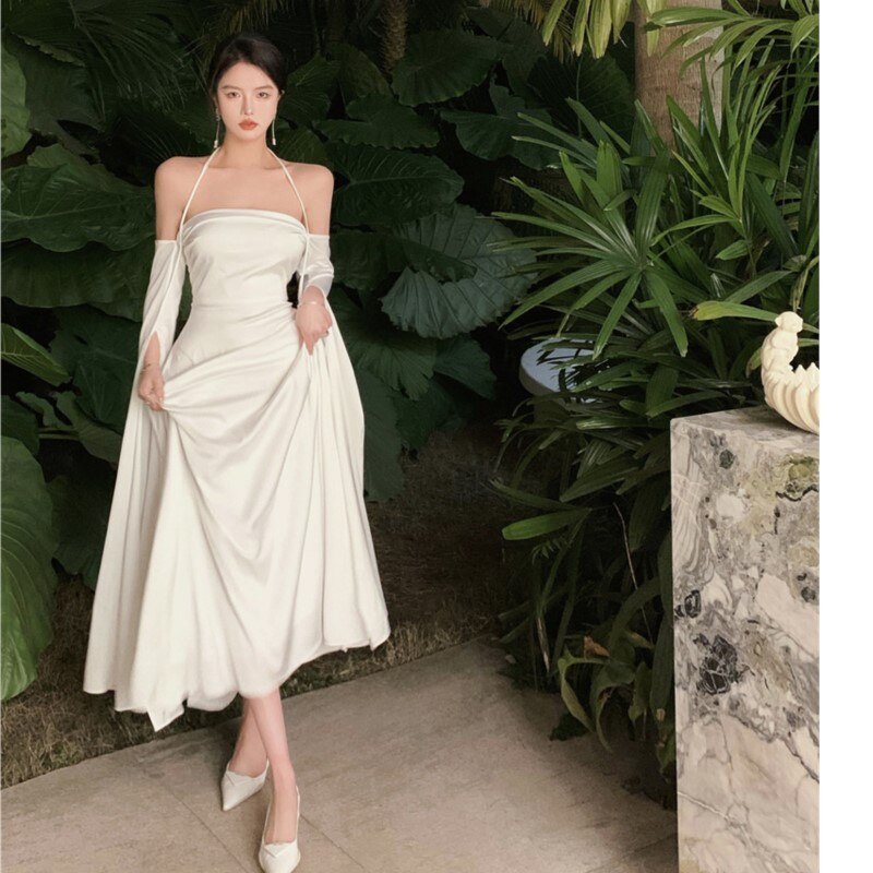Women Summer Elegant Satin Silky Off Shoulder Slim White Cocktail Dress Lady Party Maxi Dress vestidos de fiesta para bodas