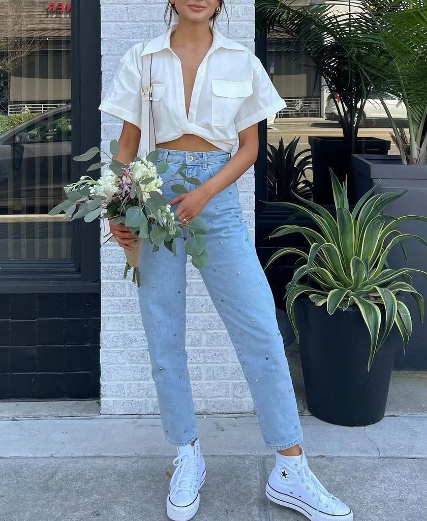 goosudu  Women's Crop Top Collared Short Sleeve Shirt Women Summer Knotted Linen Blouse Woman Streetwear Casual Blouses