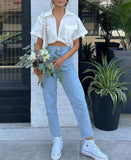 goosudu  Women's Crop Top Collared Short Sleeve Shirt Women Summer Knotted Linen Blouse Woman Streetwear Casual Blouses