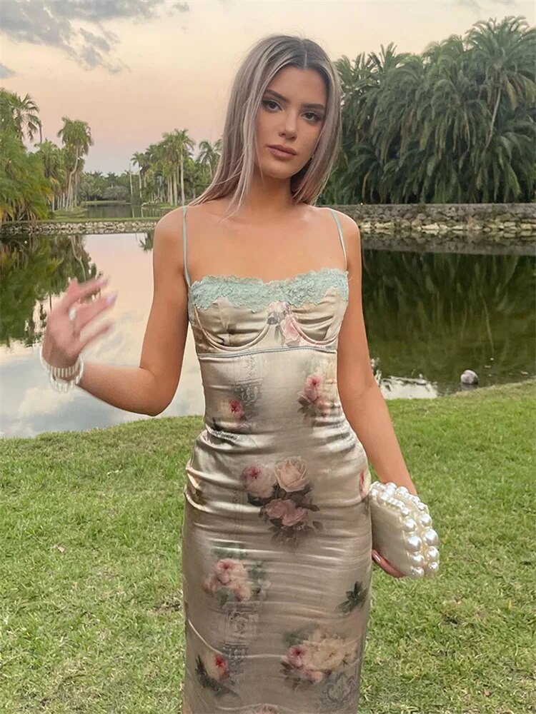 Patchwork Vintage Printed Long Dress Female Slim Elegant Spaghetti Party Gown Dress Backless High Waist Sexy Maxi Dress