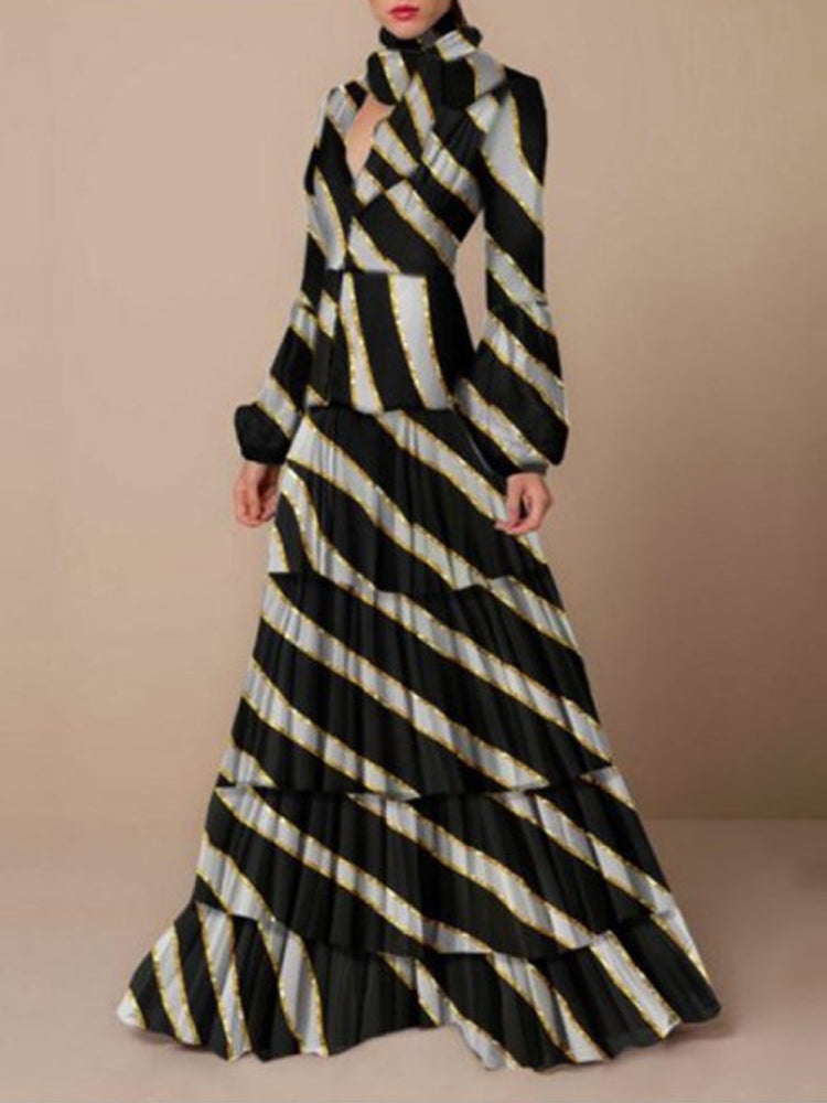 goosudu  Retro Floral Leopard Print Long Dress Spring Autumn Women Long Sleeve Maxi Dress High Fashion Halter Hollow Out Party Dress