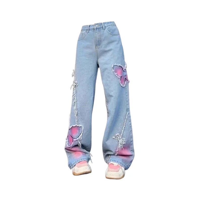 Women's Blue Butterfly Jeans Baggy Vintage Y2k Denim Trousers 2000s Harajuku Wide Leg Cowboy Pants Trashy 90s Aesthetic Clothes