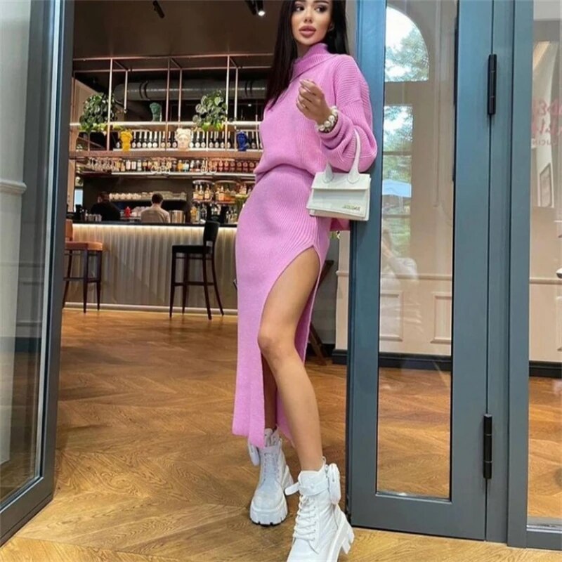 Knit Two Piece Sets Womens Outfits Casual Autumn Winter Turtleneck Sweater And Midi Skirt Sets Ladies Matching Sets