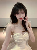 goosudu Fairy Dress Summer Spaghetti Strap Dress Pleated Backless Corset Dress High Waist Slim Short A-Line Dress Gauze Women's Spring Clothing