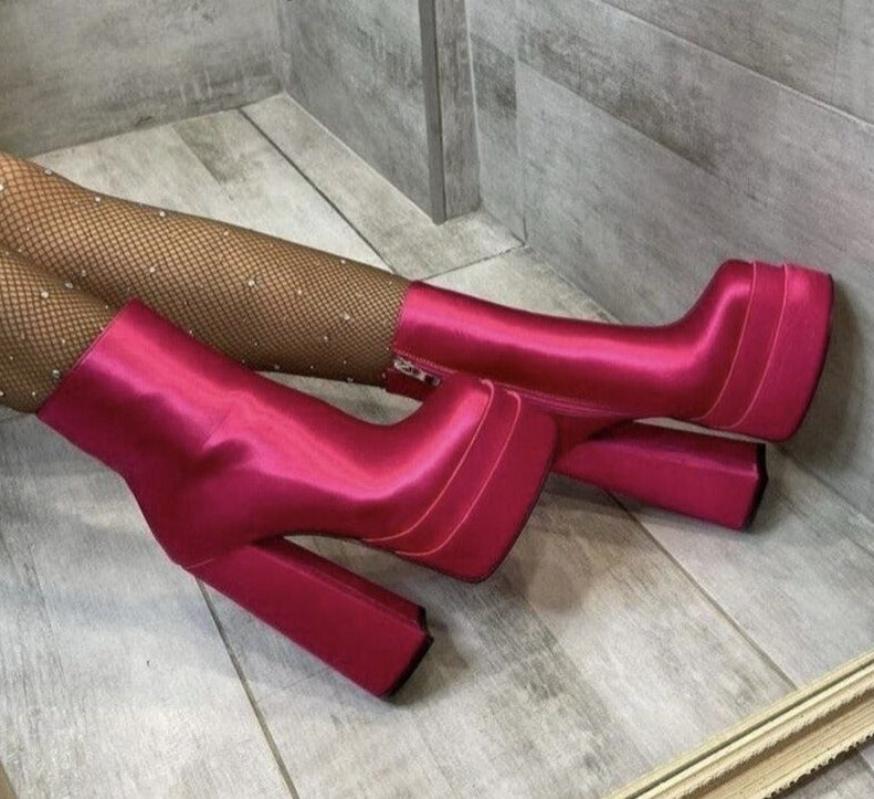 goosudu Stretch Platform Over The Knee Boots Chunky High Heel Long Botas Mujer Women Shoes Square Toe Microfiber Dancing Boots New