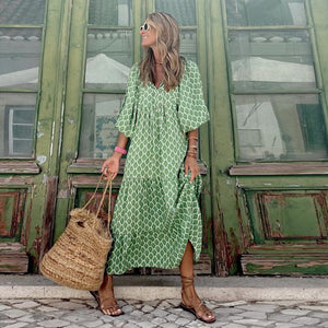 Women Boho Maxi Dress Floral Geometric Print Summer Holiday Dress V Neck Ankle-length Collage Drawstring Loose Vestidos Bobe