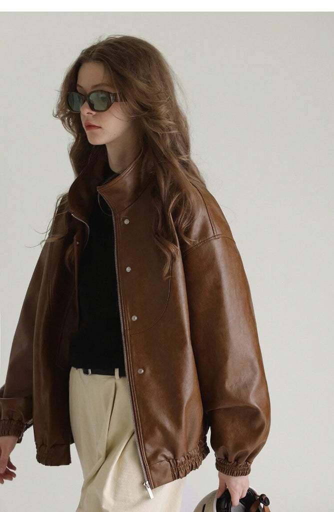 Spring Autumn Cool Oversized Brown Black Faux Leather Bomber Jacket Women Zip Up Luxury Designer Unisex Clothes