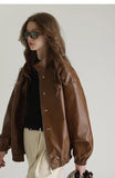 Spring Autumn Cool Oversized Brown Black Faux Leather Bomber Jacket Women Zip Up Luxury Designer Unisex Clothes