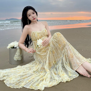 V Neck Tulle Print Sexy Evening Maxi Dresses For Women Party Slip Strap Backless Pleated Dress Club Beach Robe Femme Summer