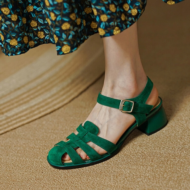 Summer Women Shoes Round Toe Women Sandals Casual Suede Shoes for Women Roman Heels Green Genuine Leather Mid Heels
