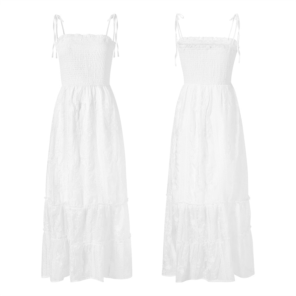 goosudu  Womens Summer Floral Dress Backless Dress Solid Color Sleeveless Spaghetti Strap Tie-Up Ruffle  Beach Boho Maxi Dresses Sundress