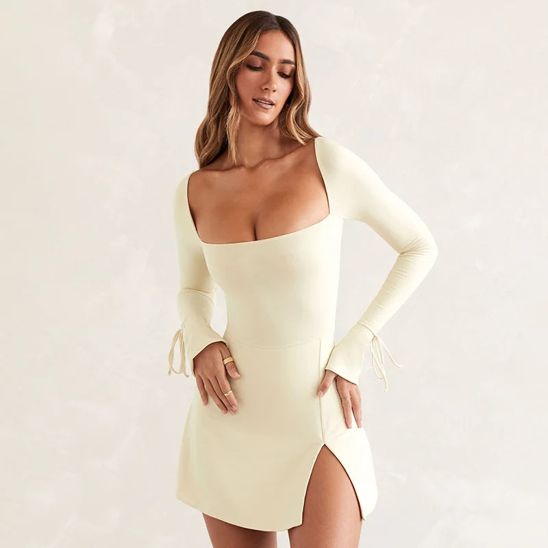 Spring Square Neck Flare Long Sleeve Dress Sexy Split Nightclub Party Dress Women's High Waist Slim Lace-up Mini Dress for Women