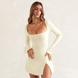 Spring Square Neck Flare Long Sleeve Dress Sexy Split Nightclub Party Dress Women's High Waist Slim Lace-up Mini Dress for Women
