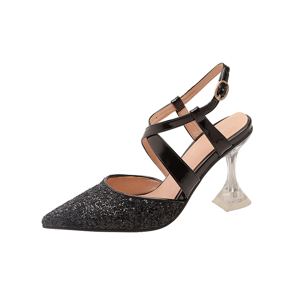 Sandals Women Glitter Clear High Heels Pointed Cross Strap Slingback Lady Shoe Ankle Strap Buckle Party Pumps Bride Big Size 43