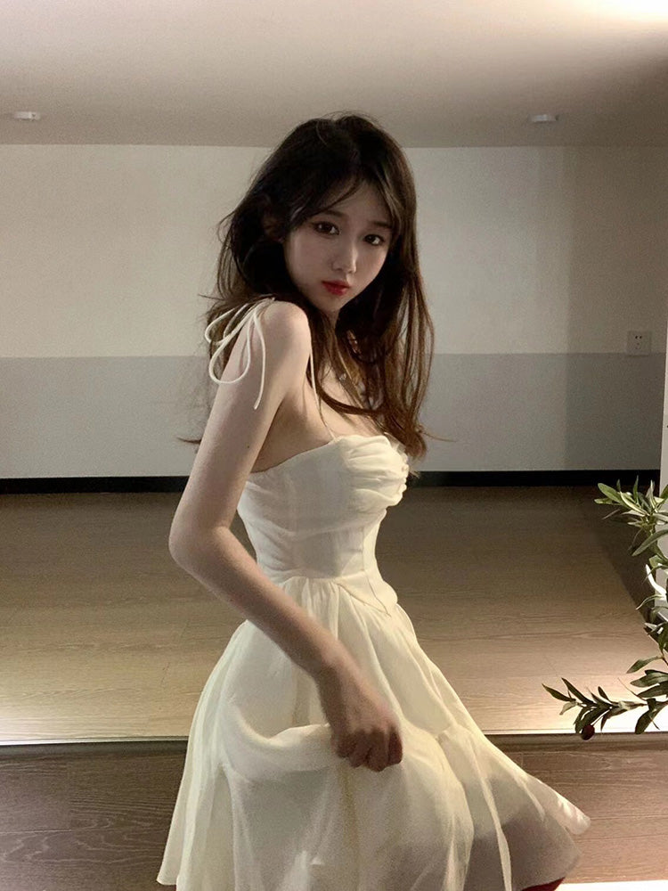 goosudu Fairy Dress Summer Spaghetti Strap Dress Pleated Backless Corset Dress High Waist Slim Short A-Line Dress Gauze Women's Spring Clothing
