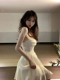 goosudu Fairy Dress Summer Spaghetti Strap Dress Pleated Backless Corset Dress High Waist Slim Short A-Line Dress Gauze Women's Spring Clothing