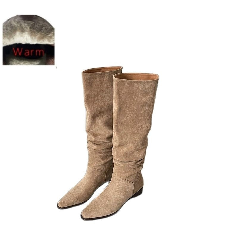 Knee- High Boots LadySlip On Simple Pleated  Stretch Suede Winter Botas Big Circumference Spring Autumn Woman Boots Large Size43