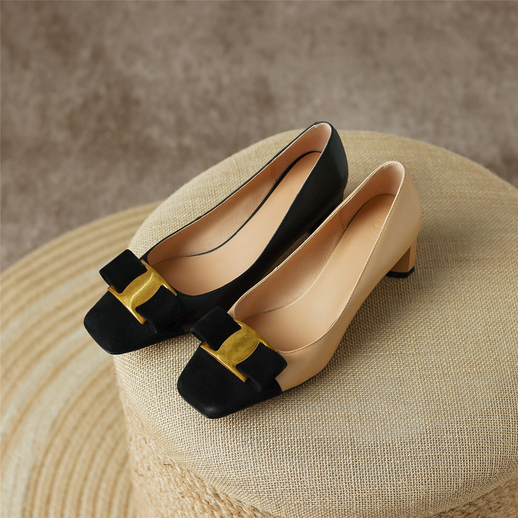 Pumps Shoes Women Mid Heel Spring Sheepskin Square Toe Thin Heel Metal Decoration Party Black Handmade Shoe Big Size 42