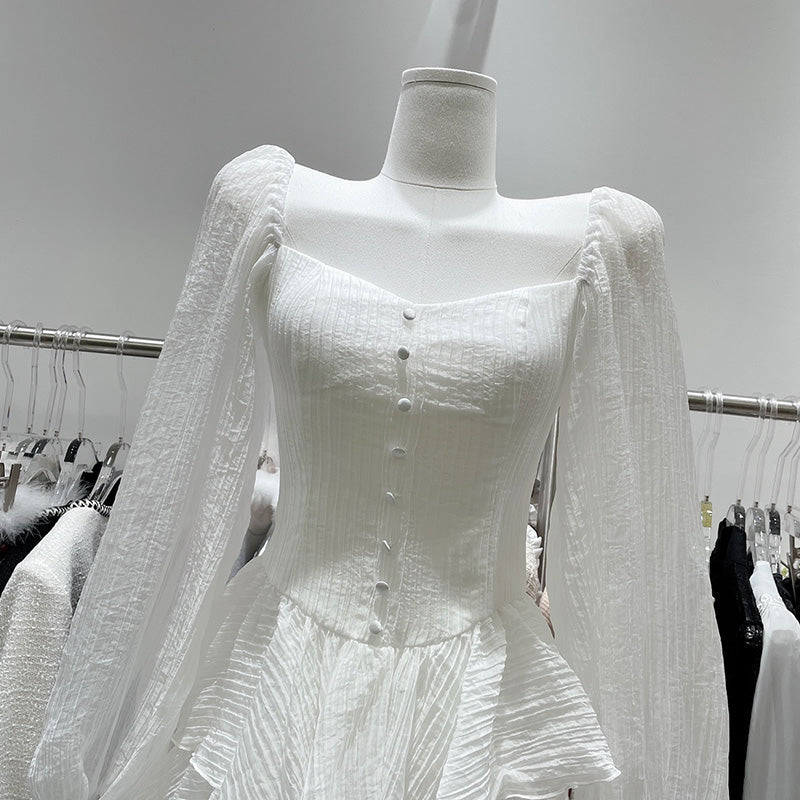 goosudu Fairy Dress Retro Cupcake Dress Square Neck Puff Sleeve Dress Women Chic Patchwork Spring New High Waist Long Sleeve Short Dress Summer