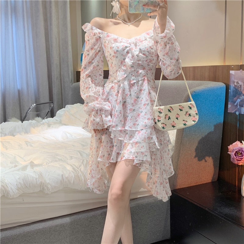 Goosudu Fairy Dress Holiday Irregular Floral Dress Square Collar Women's Spring Long Sleeved Princess Slim Fairy Dress Ruffle Short Dress Vacation