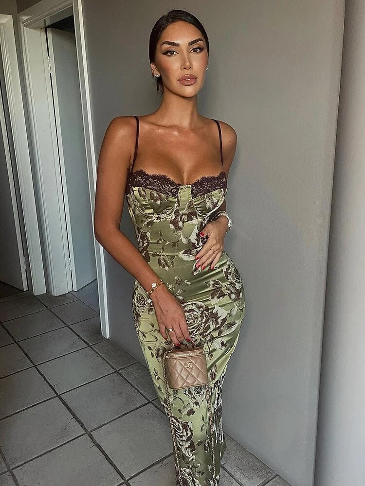 Patchwork Vintage Printed Long Dress Female Slim Elegant Spaghetti Party Gown Dress Backless High Waist Sexy Maxi Dress