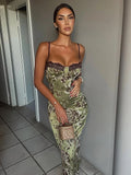 Patchwork Vintage Printed Long Dress Female Slim Elegant Spaghetti Party Gown Dress Backless High Waist Sexy Maxi Dress