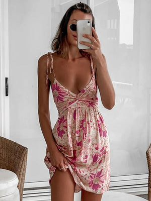Casual Floral Elegant French Dress Summer Women Sexy Backless Bandage Halter Pink Flower Print Beach Style Mini Dress
