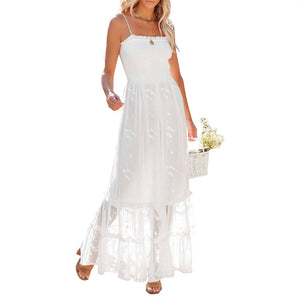 goosudu  Womens Summer Floral Dress Backless Dress Solid Color Sleeveless Spaghetti Strap Tie-Up Ruffle  Beach Boho Maxi Dresses Sundress