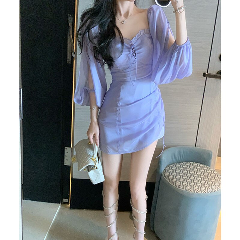 Korean Summer Designer Chiffon Lace Lolita Dress Women Elegant Long Sleeve Sexy Shirring Skinny Mini Dress Woman Bandage Dresses