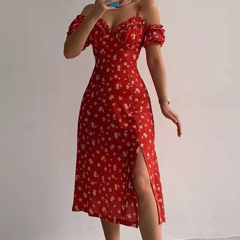 Aieru Sexy Sling Ruffle Strapless Slit Party Dress Women Summer Elegant Off Shoulder V Neck Long Dress Spring Floral Print Slim Dress