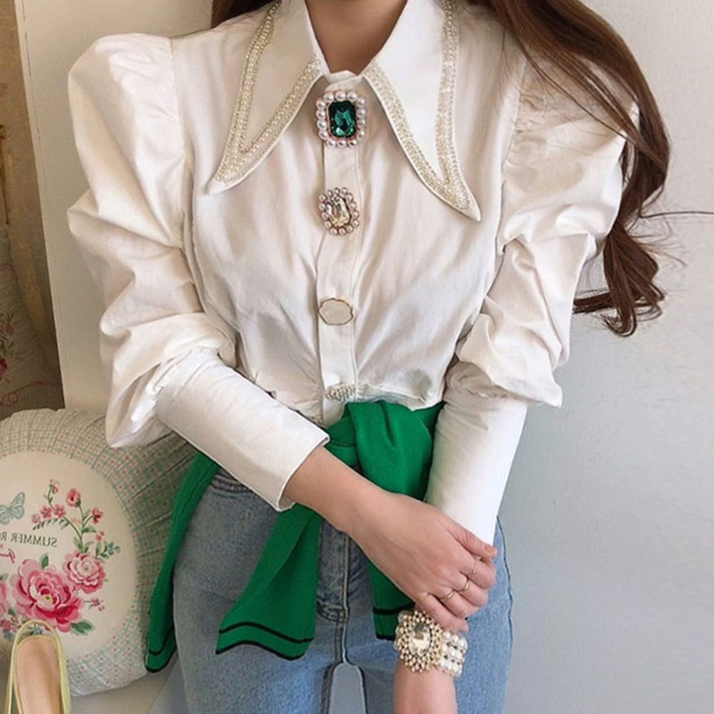 Women Shirts French Vintage Blouse Spring Button Up Shirt Pointed Collar Long Puff Sleeve Pearl Button Slim White Tops