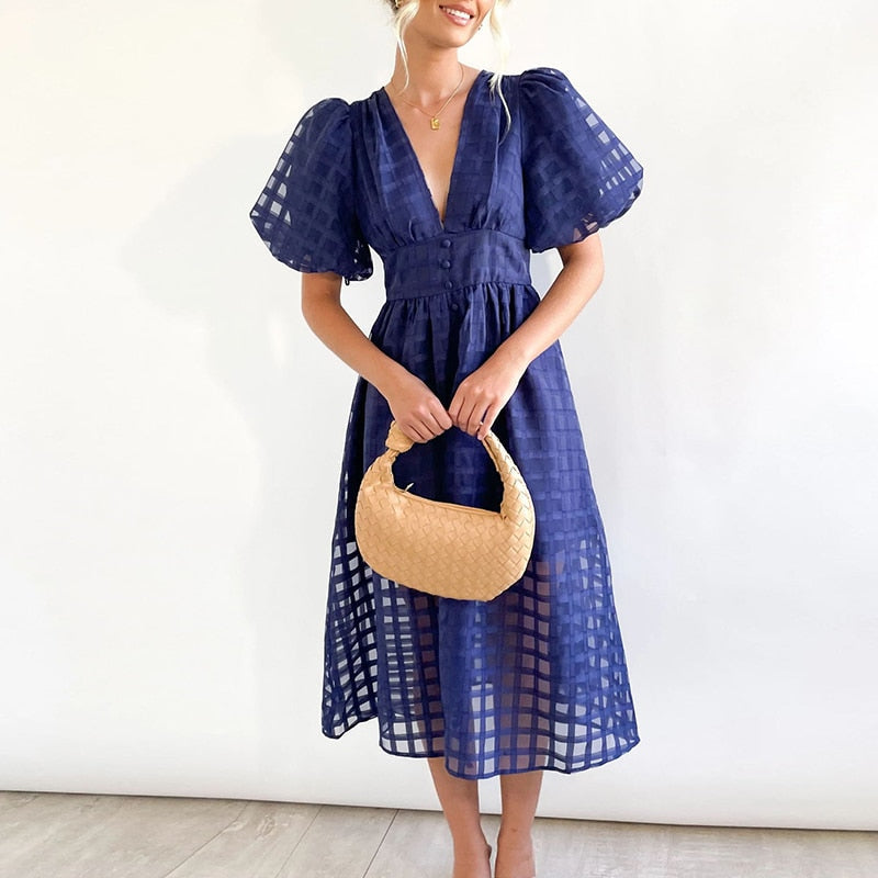 High Waist Lantern Sleeve V Neck Dress Solid Color Mesh Yarn Button Long Dress Casual Elegant Party Dresses Women Summer Vestido