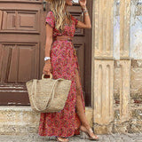 Summer Boho Long Dress Women Paisley Print V Neck Belted Bohemian Maxi Dresses Female Elegant High Slit Robe Party Beach Dress