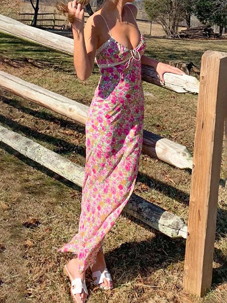 Flowers Print Spaghetti Straps Wrap Long Dress 90s E-girl Aesthetic Women Summer Sleeveless Tie Up V-Neck Sundress