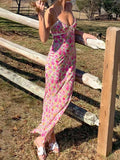Flowers Print Spaghetti Straps Wrap Long Dress 90s E-girl Aesthetic Women Summer Sleeveless Tie Up V-Neck Sundress