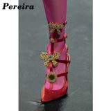 goosudu Crystal Bow Knot Pumps Metal Decor Shallow Stilettos Solid Pumps Buckle High Heels Women Shoes On Heels Fashion Big Size Pumps